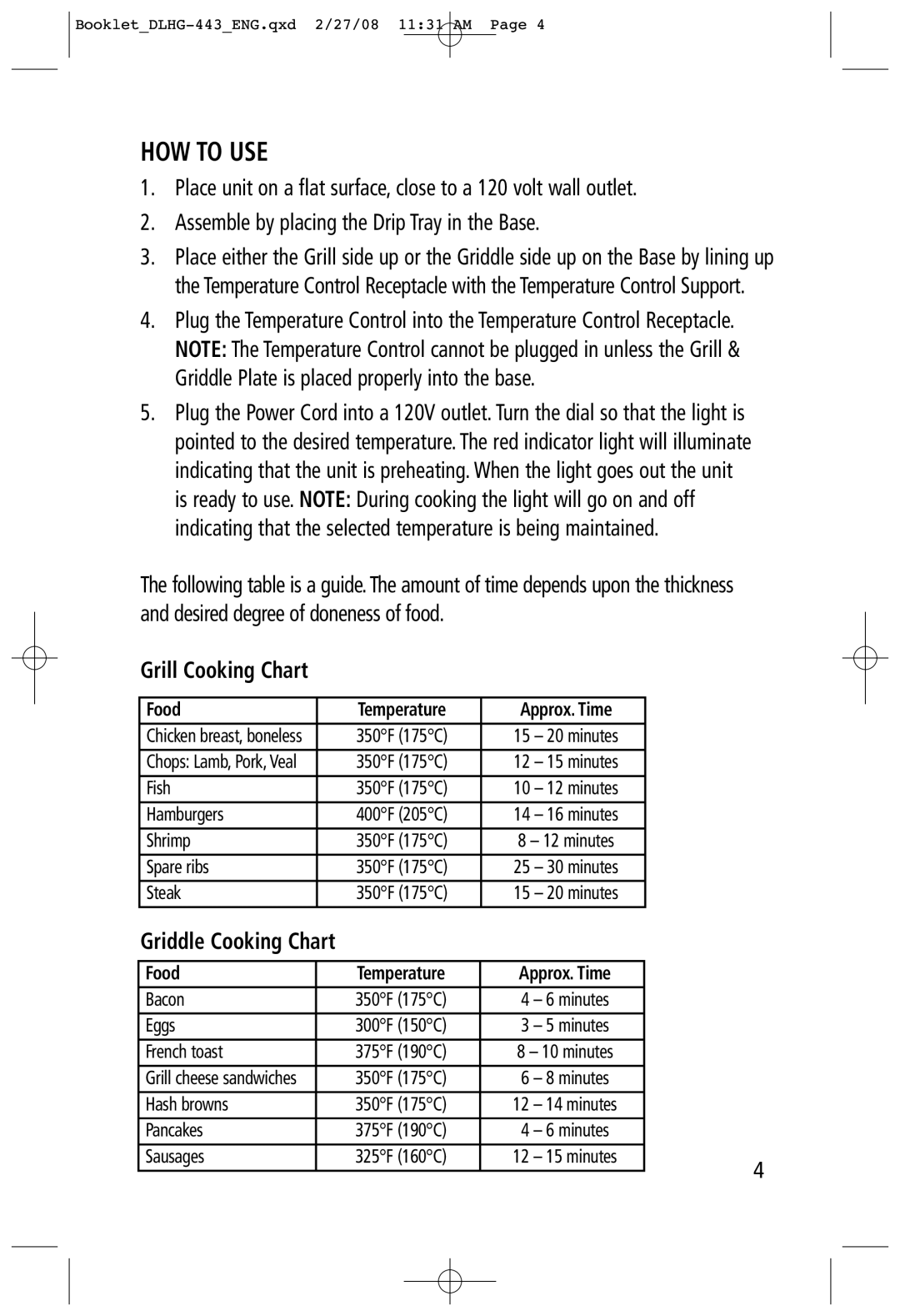 Toastess DLHG-443 manual HOW to USE, Grill Cooking Chart 