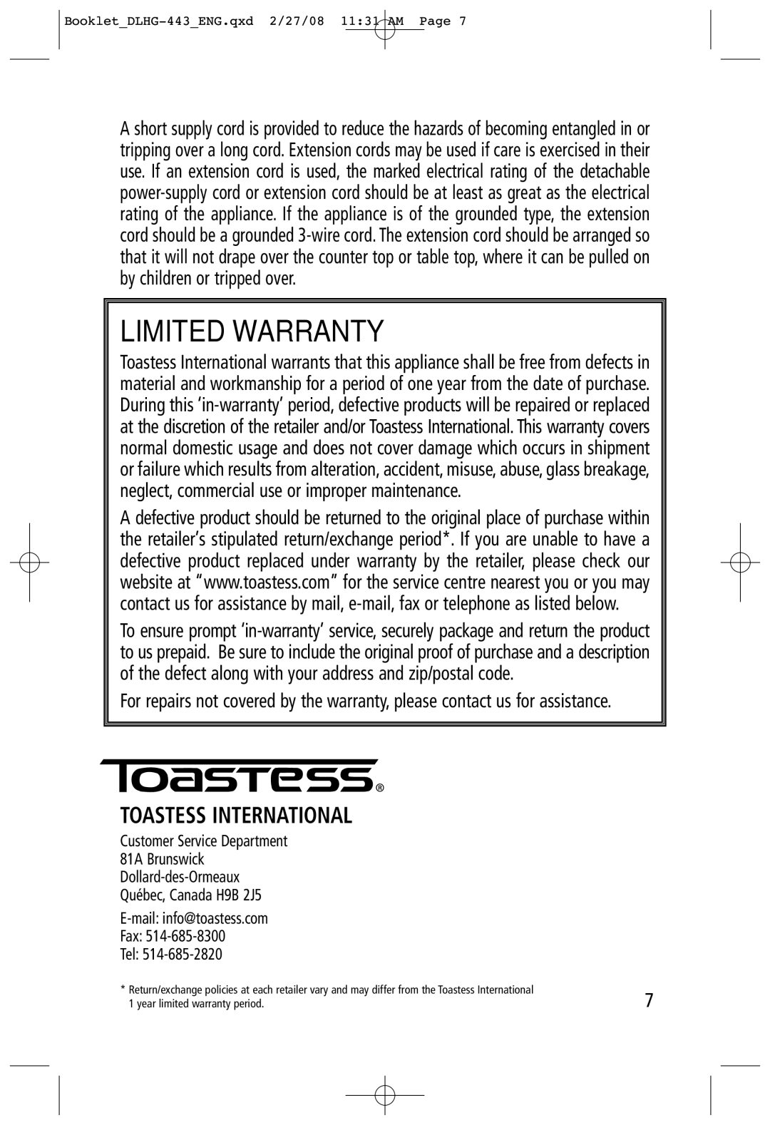 Toastess DLHG-443 manual Limited Warranty, Toastess International 