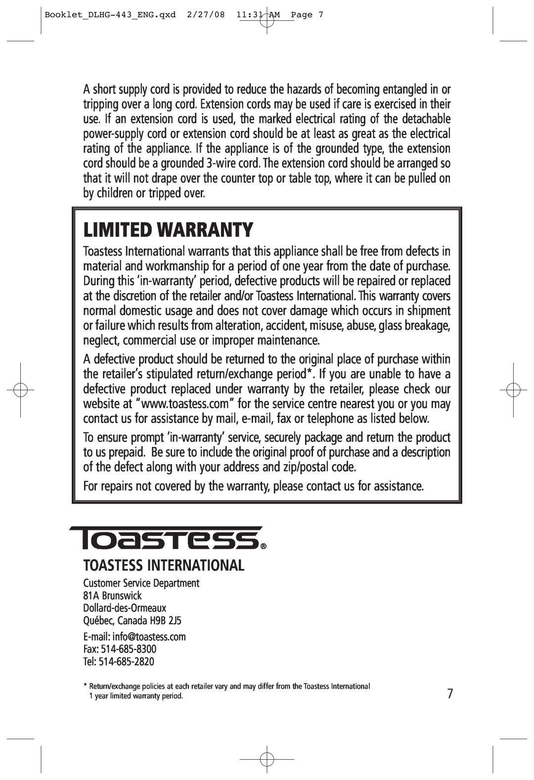 Toastess DLHG-443 manual Toastess International, Limited Warranty 
