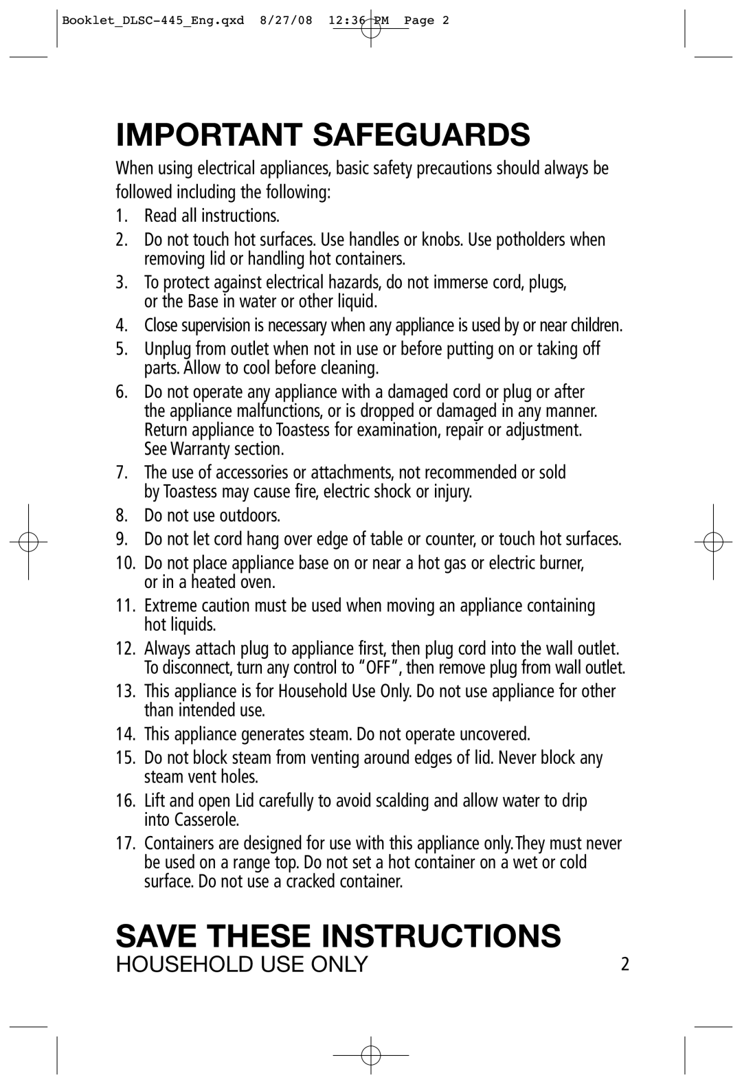 Toastess DLSC-445 manual Important Safeguards 