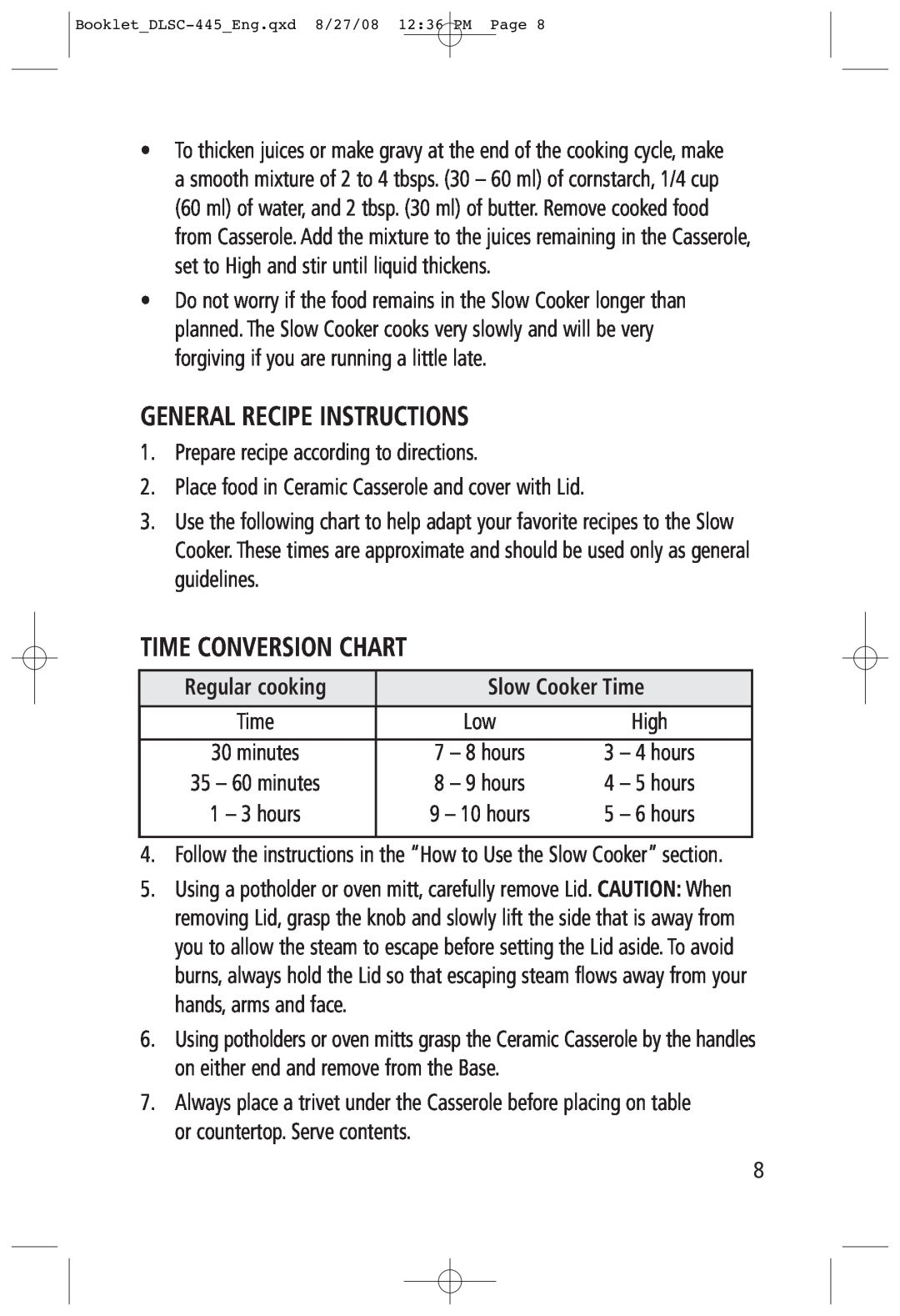Toastess DLSC-445 manual General Recipe Instructions, Time Conversion Chart, Regular cooking, Slow Cooker Time 