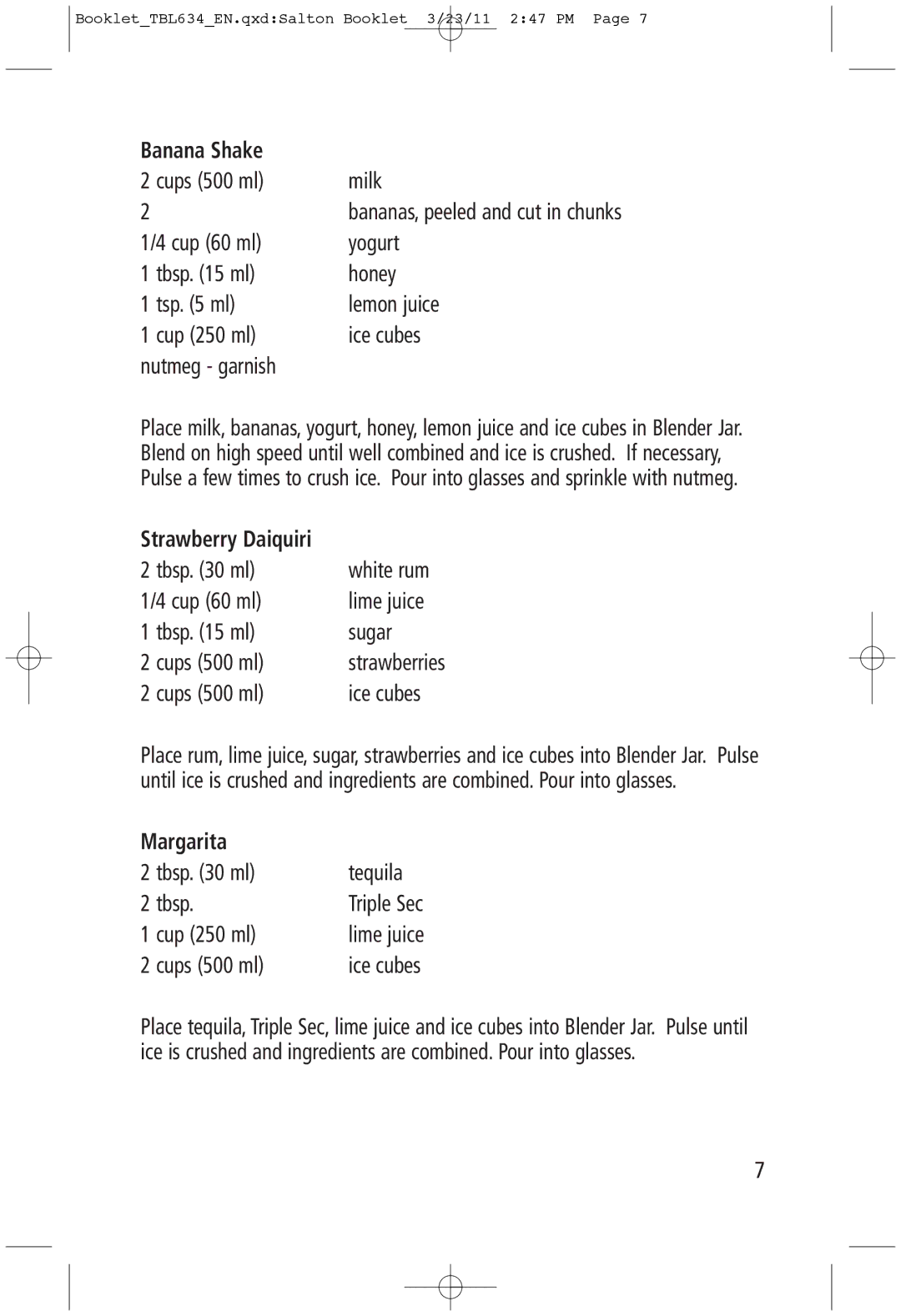 Toastess TBL634 manual Banana Shake, Margarita 