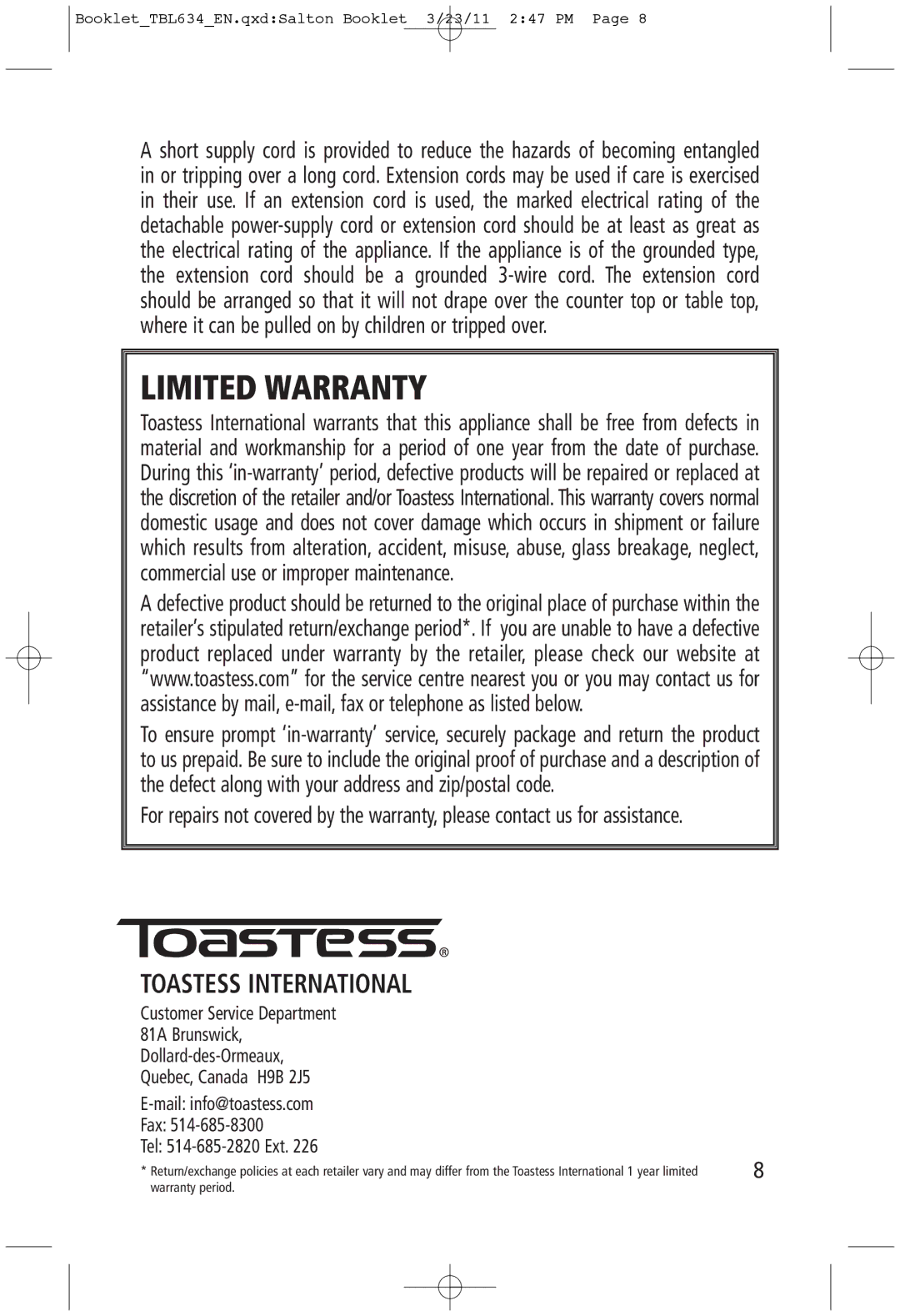 Toastess TBL634 manual Limited Warranty, Toastess International 