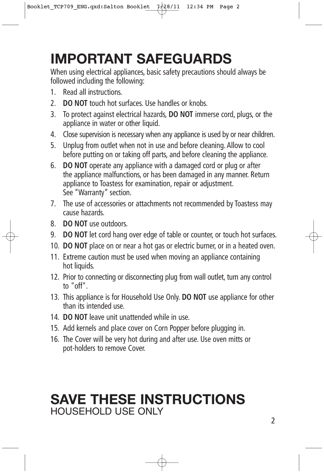 Toastess TCP709 manual Important Safeguards 