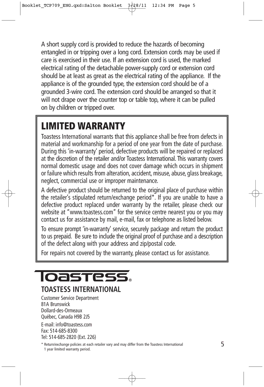 Toastess TCP709 manual Limited Warranty, Toastess International 