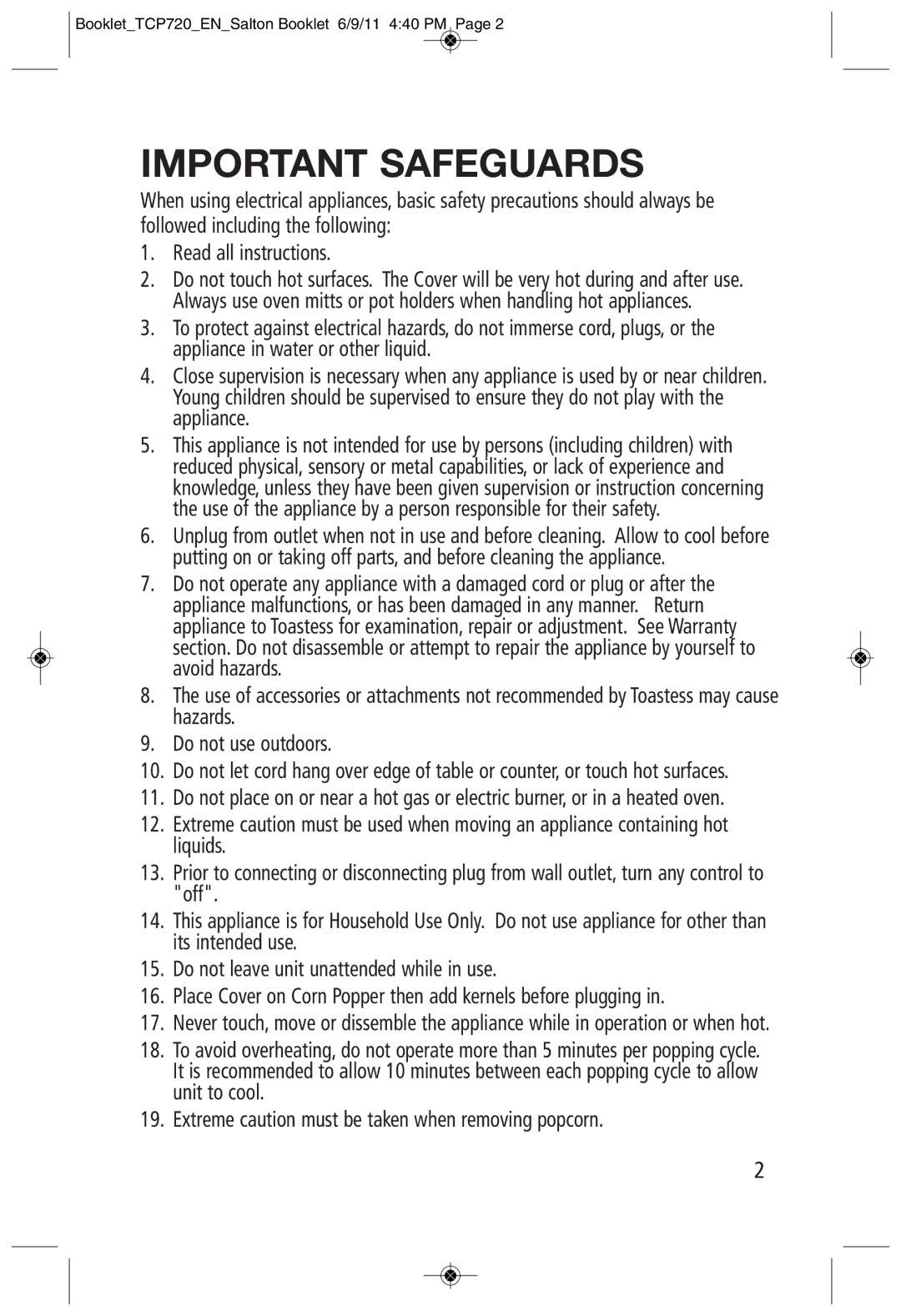 Toastess TCP720 manual Important Safeguards 