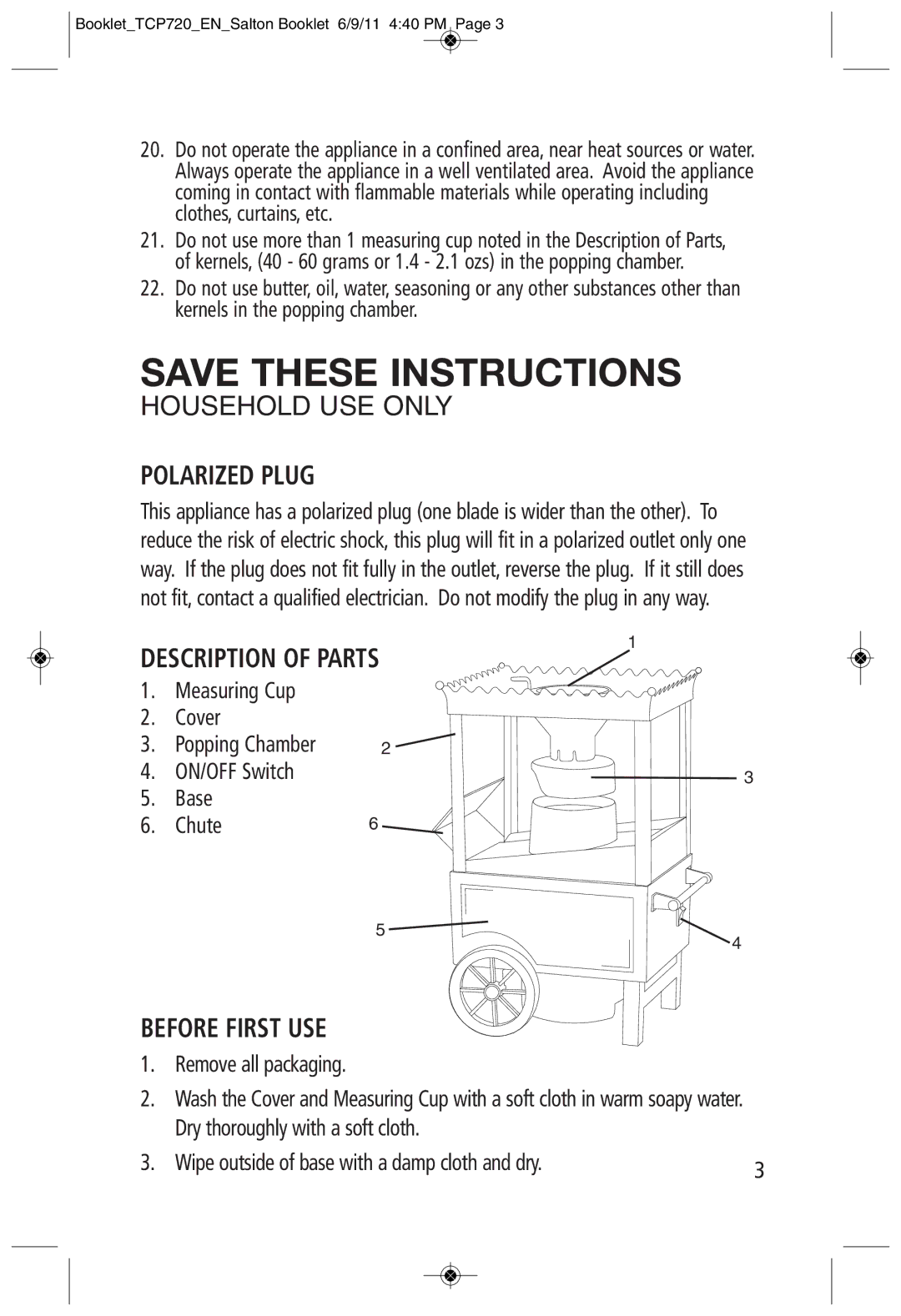 Toastess TCP720 manual Polarized Plug, Description of Parts, Before First USE 