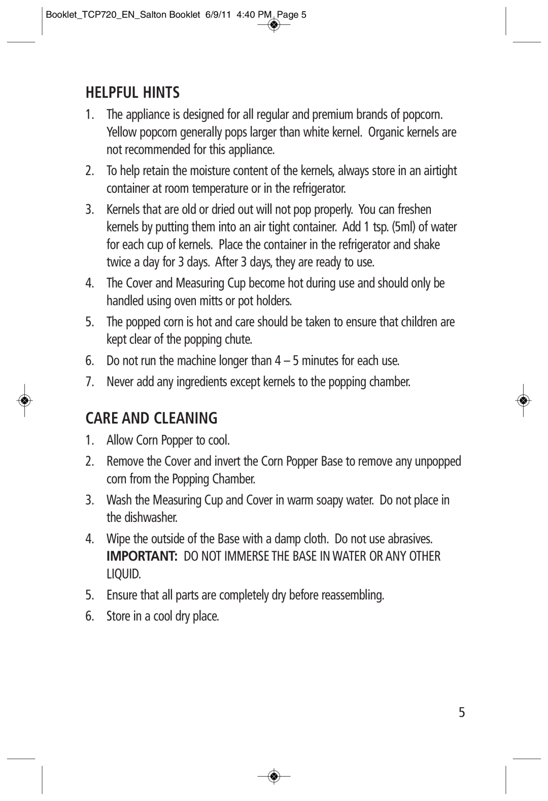 Toastess TCP720 manual Helpful Hints, Care And Cleaning 
