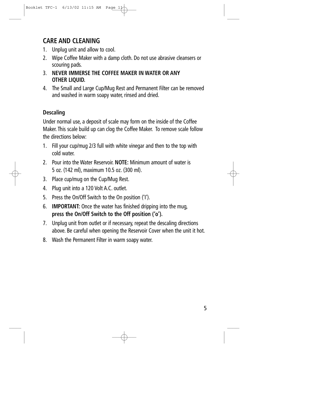 Toastess TFC-1 manual Care and Cleaning, Descaling 