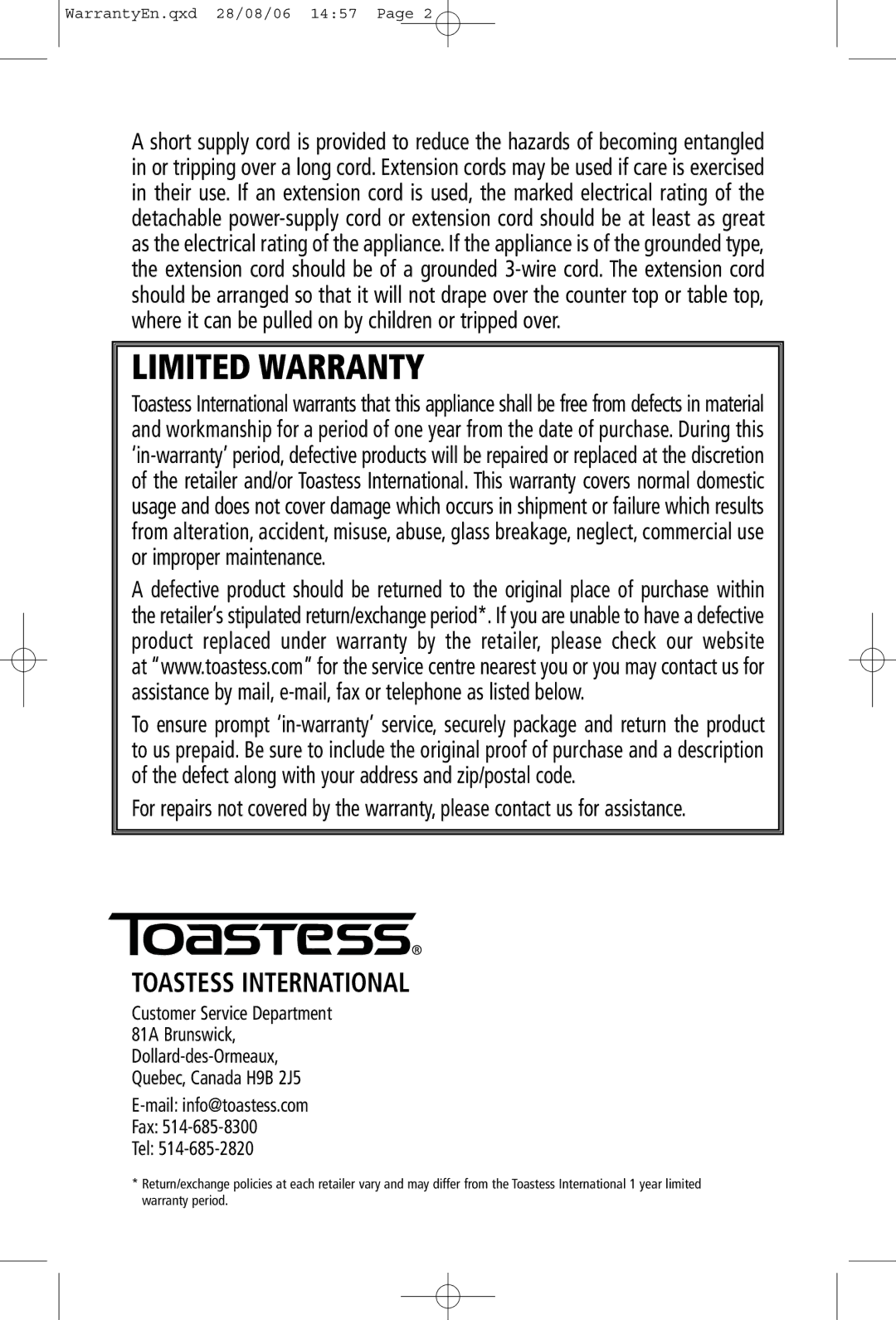 Toastess TFC-1 manual Limited Warranty, Toastess International 