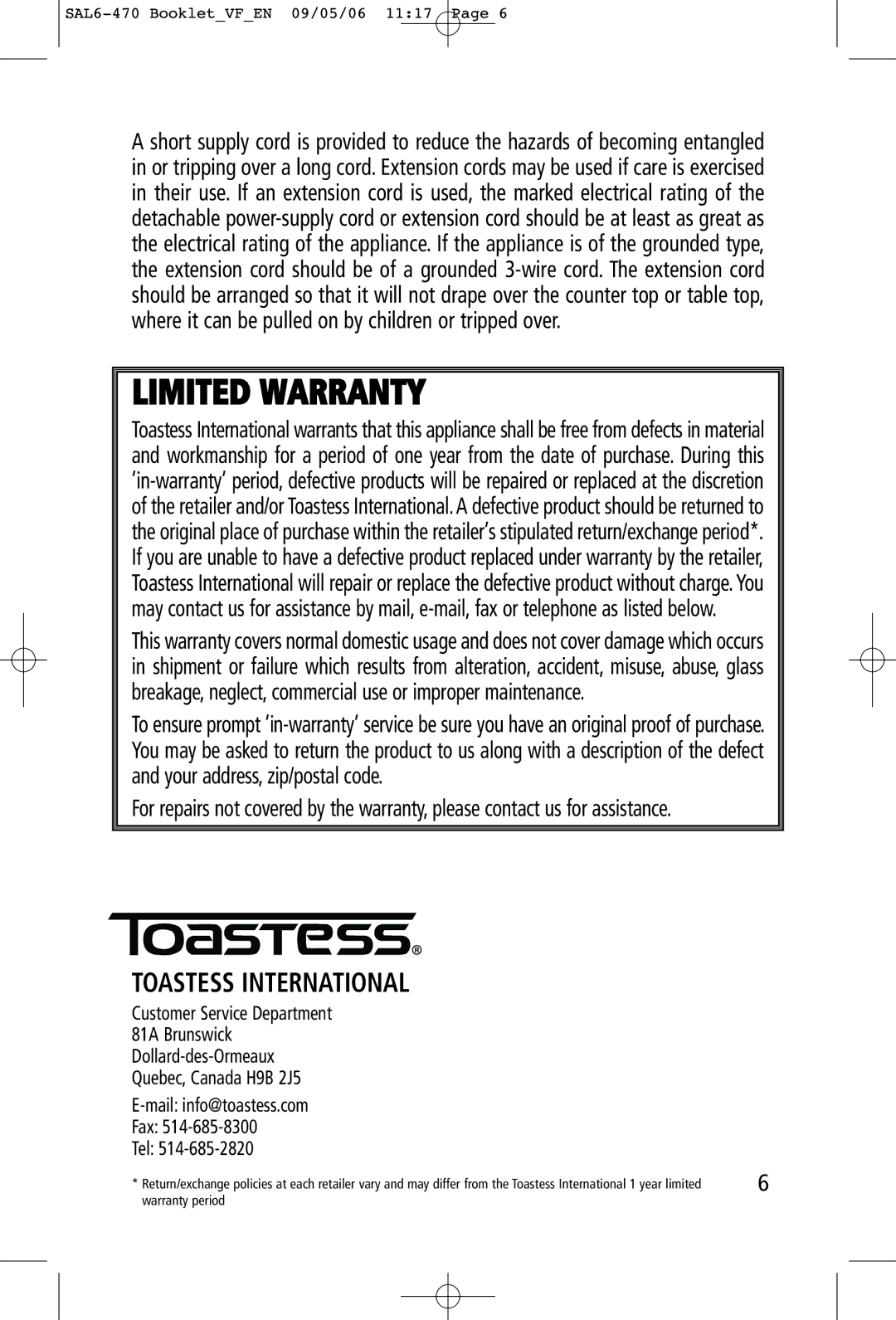 Toastess TFC-326 manual Limited Warranty, Toastess International 