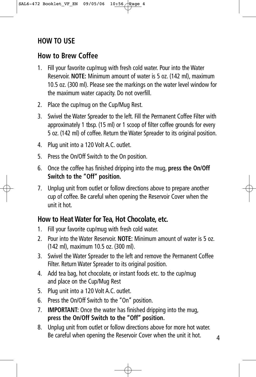 Toastess TFC-343 manual HOW to USE, How to Brew Coffee, How to Heat Water for Tea, Hot Chocolate, etc 