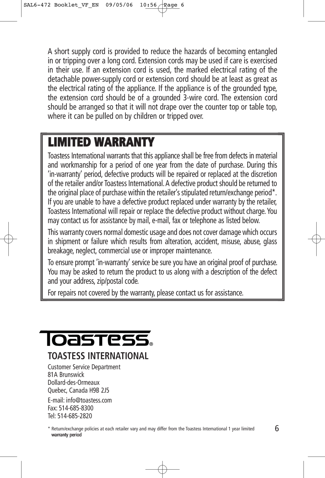 Toastess TFC-343 manual Toastess International, Limited Warranty 