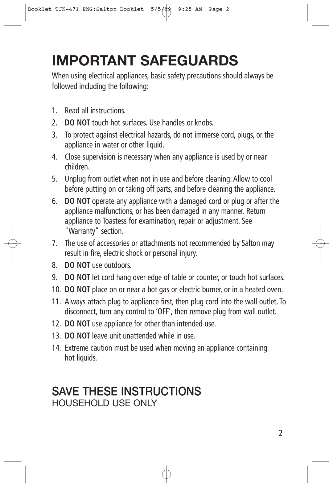 Toastess TJK-471 manual Important Safeguards 