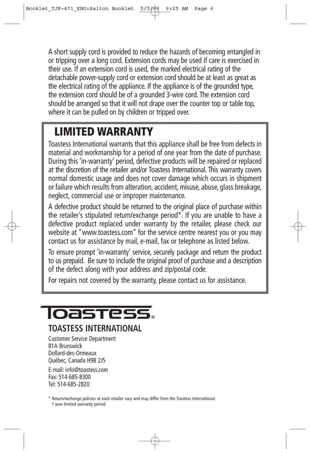 Toastess TJK-471 manual Limited Warranty, Toastess International 