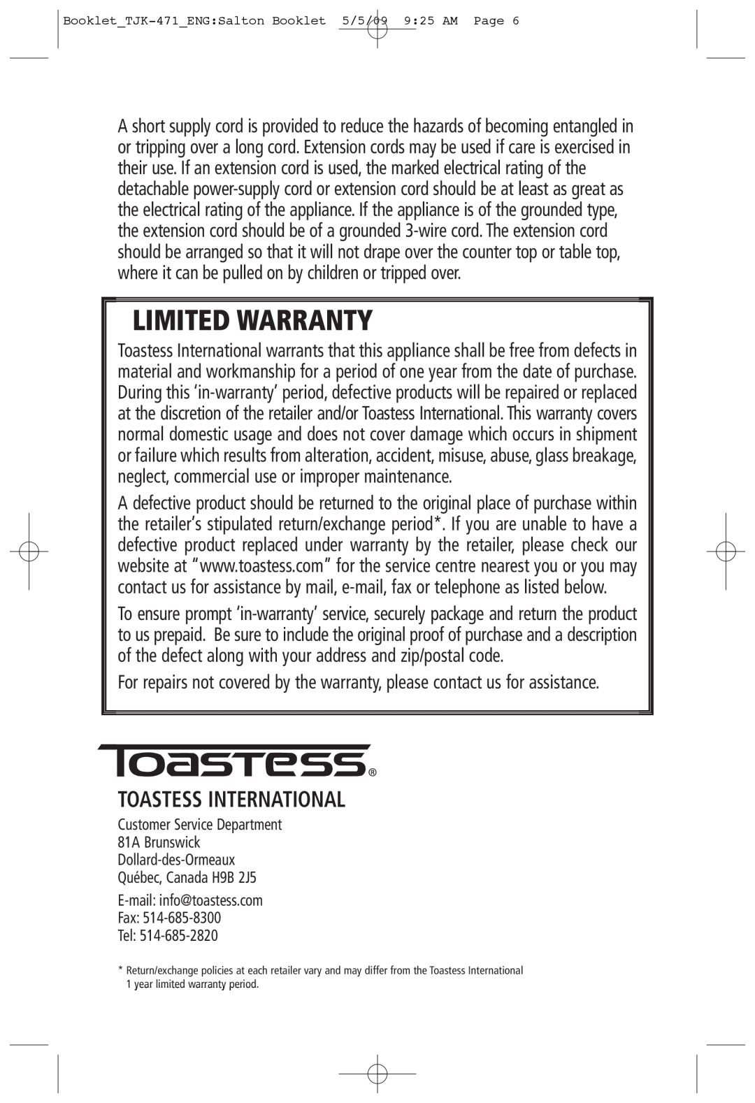 Toastess TJK-471 manual Toastess International, Limited Warranty 