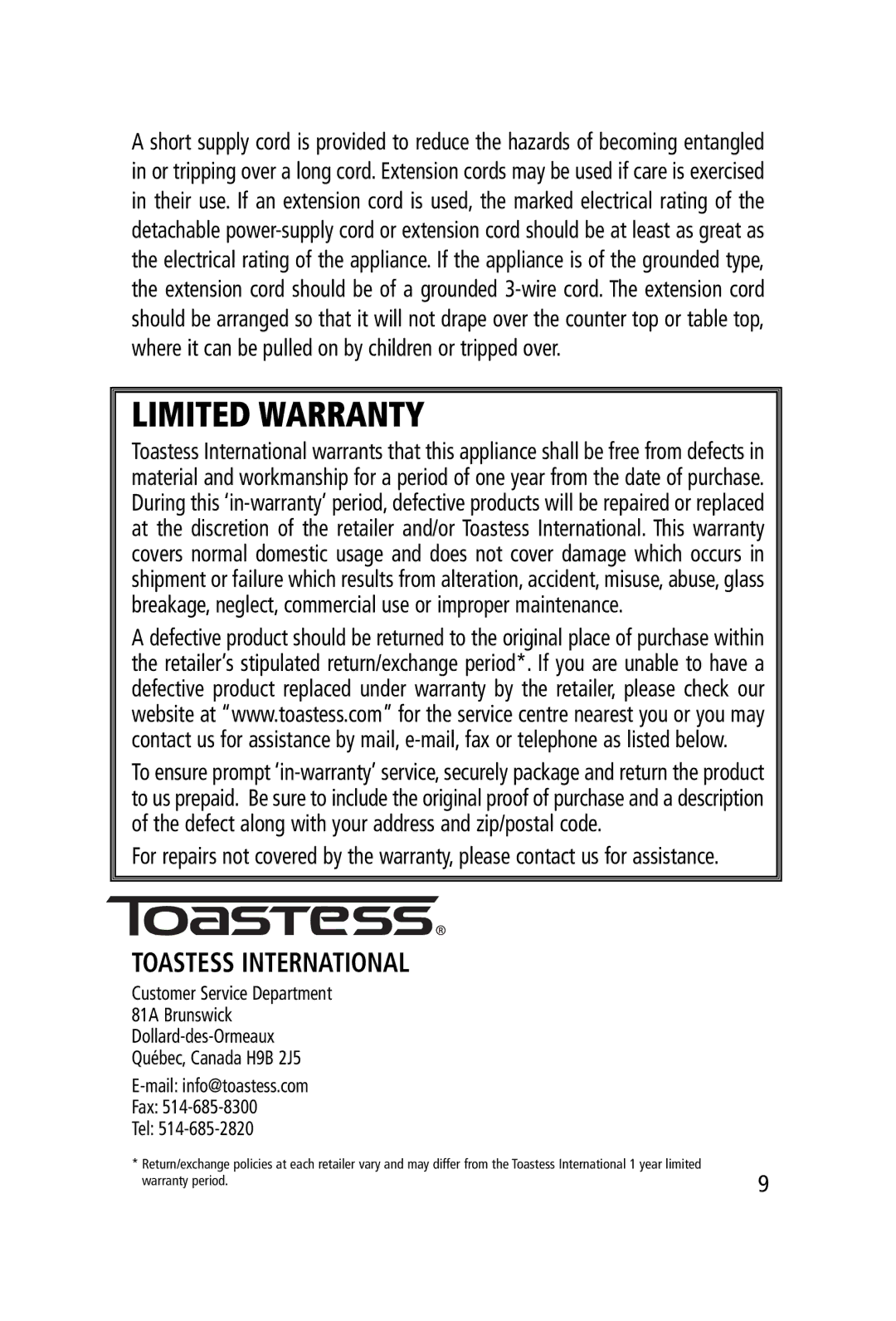 Toastess TO90N manual Limited Warranty, Toastess International 