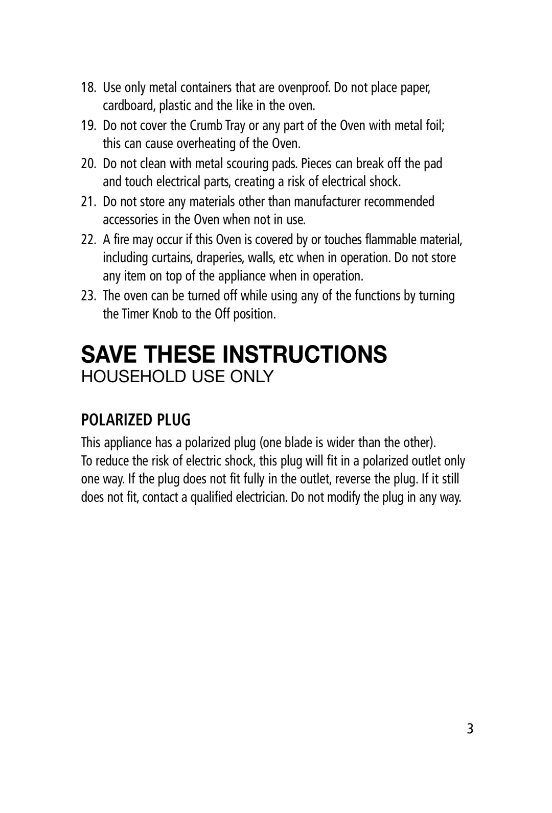 Toastess TO90N manual Save These Instructions, Household Use Only, Polarized Plug 