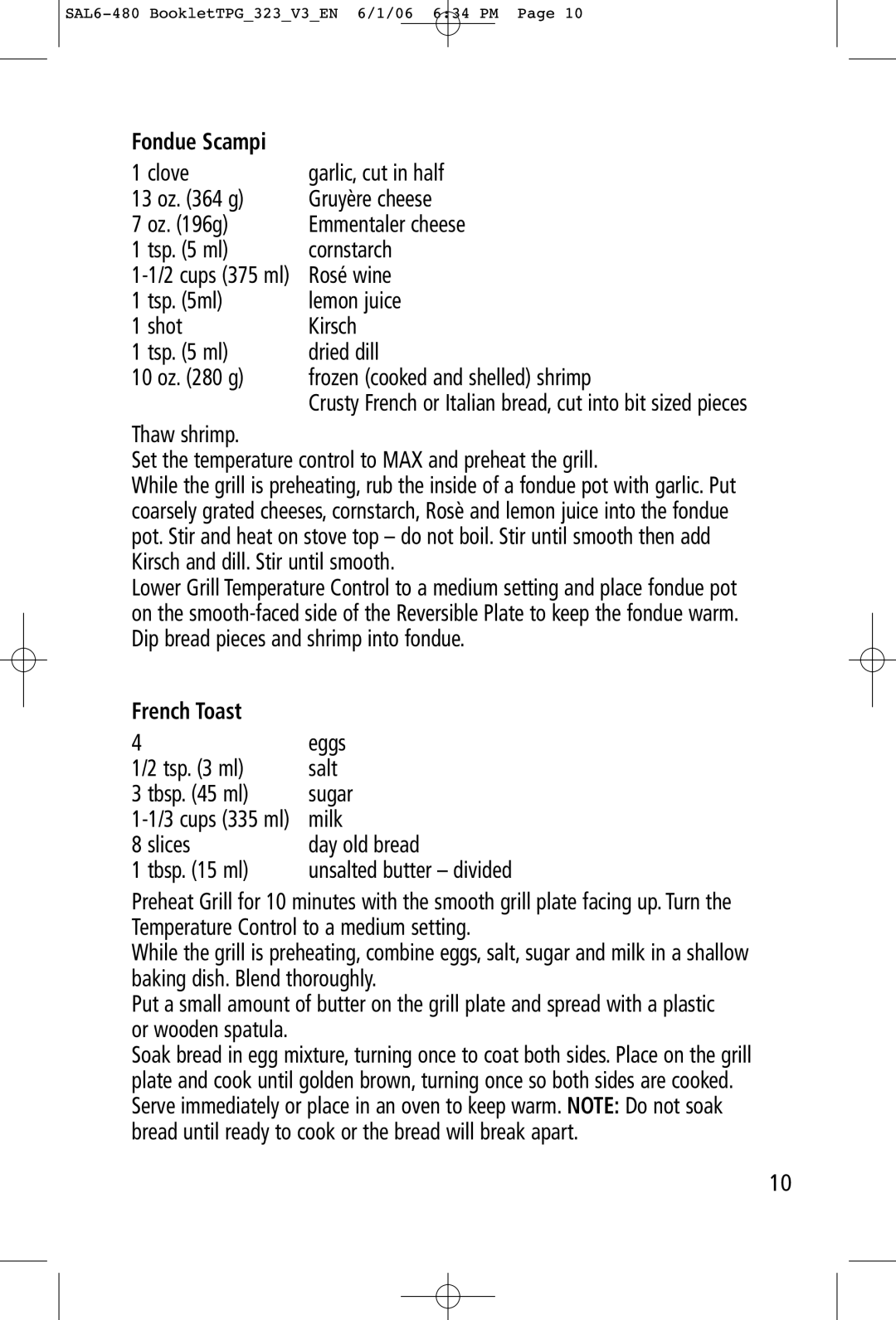 Toastess TPG-457 manual Fondue Scampi, French Toast 