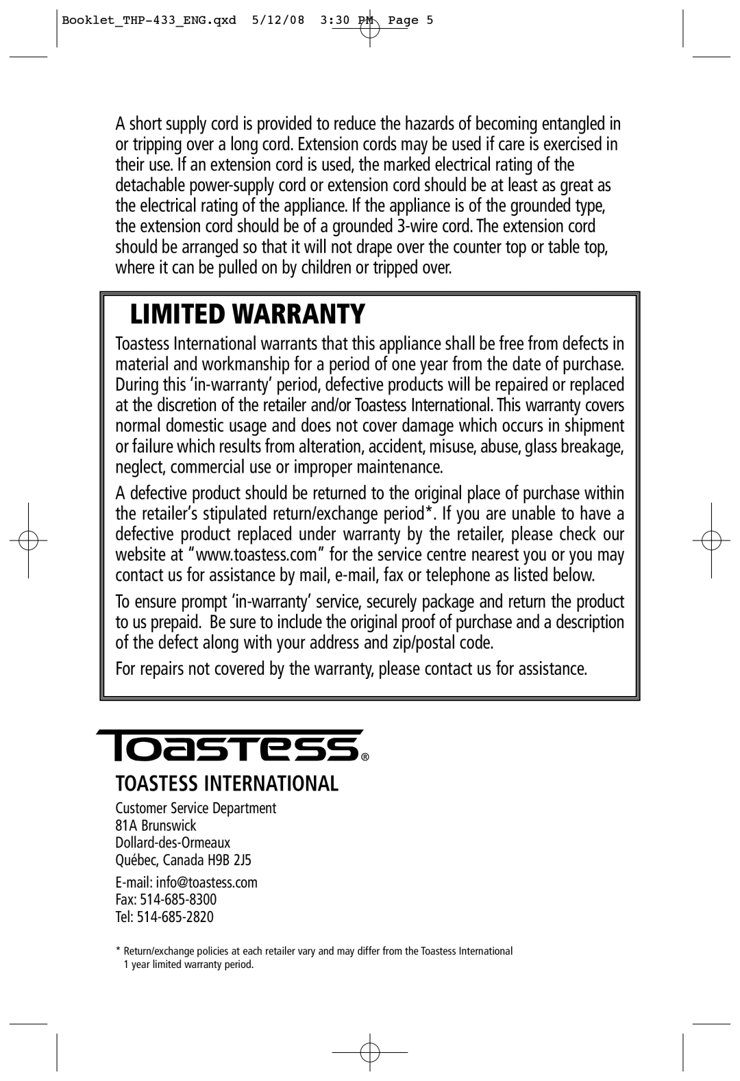 Toastess TPG-457 manual Limited Warranty, Toastess International 