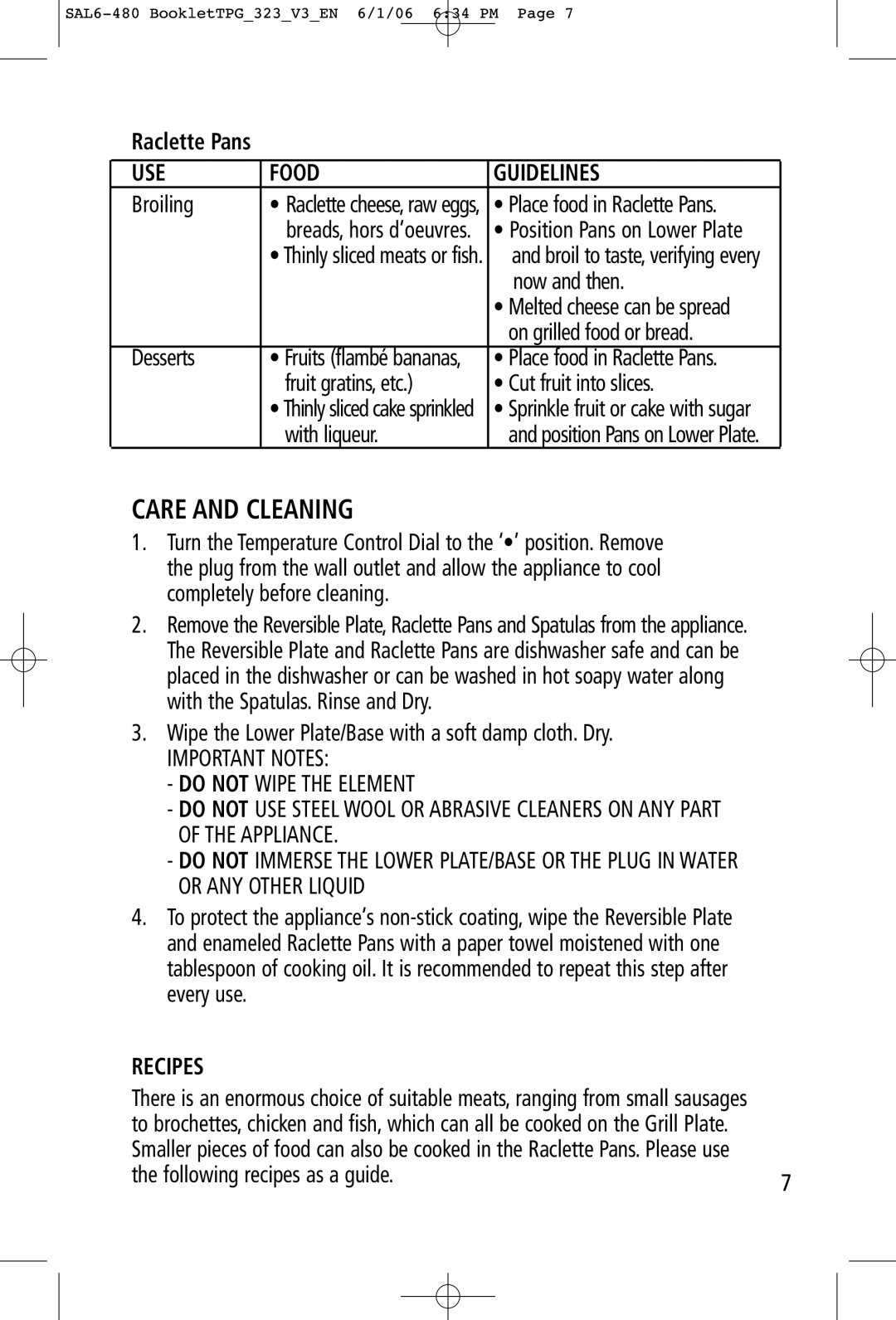 Toastess TPG-457 manual Care and Cleaning, Raclette Pans 