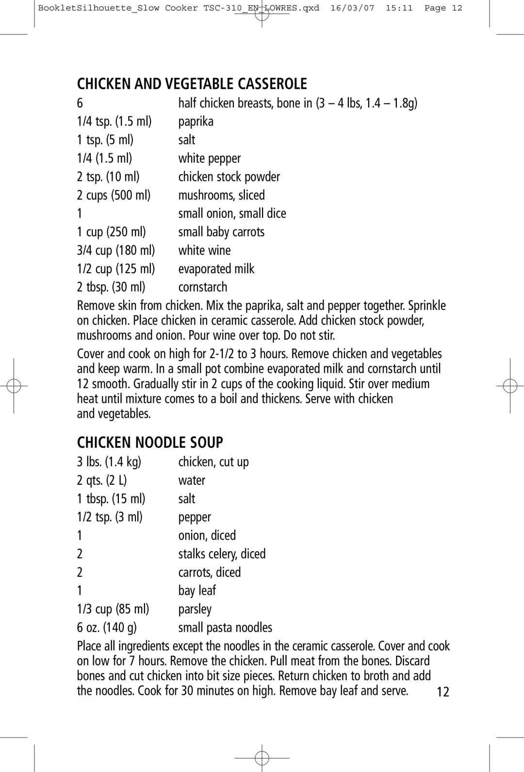 Toastess TSC-310 manual Chicken and Vegetable Casserole, Chicken Noodle Soup 