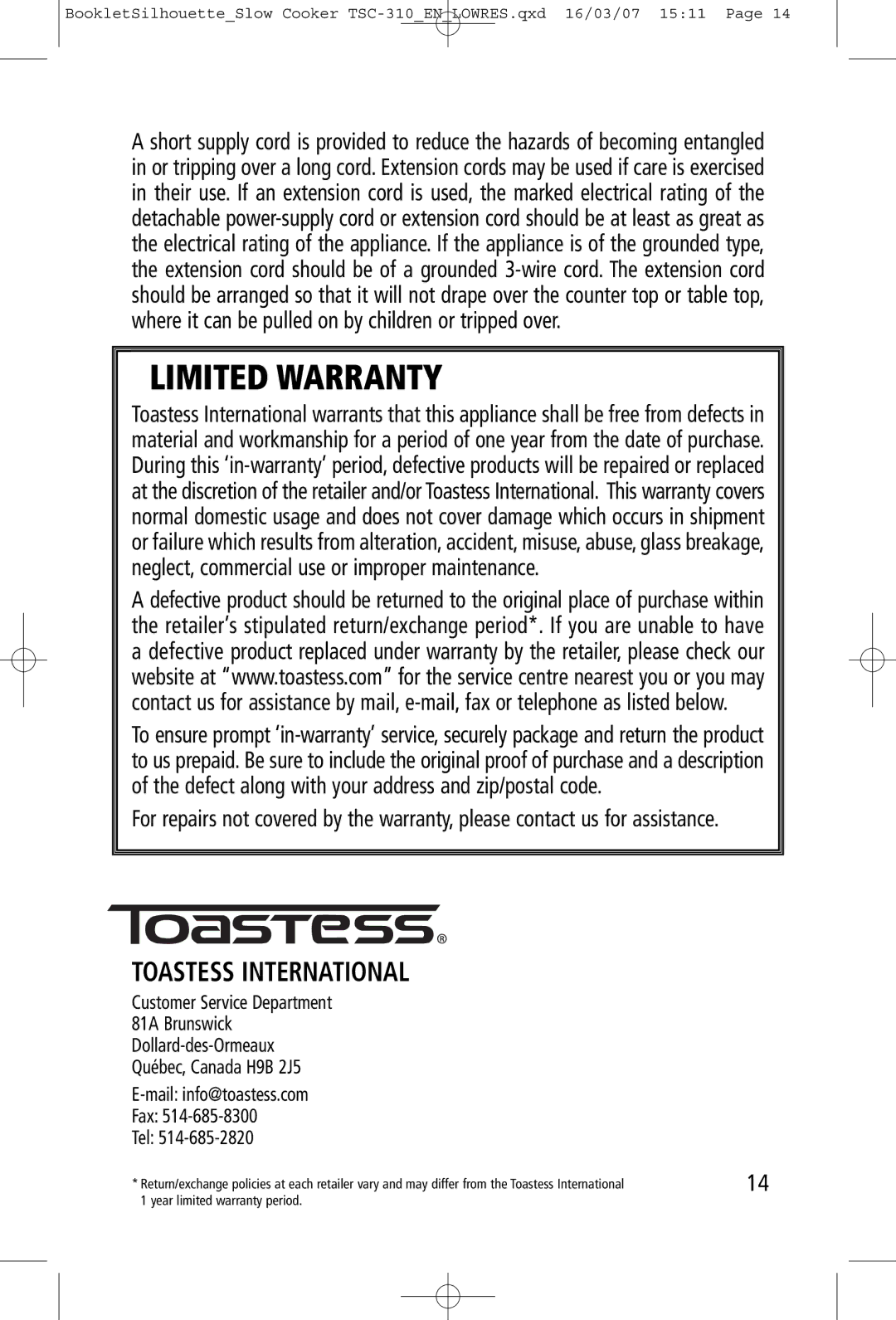 Toastess TSC-310 manual Limited Warranty, Toastess International 