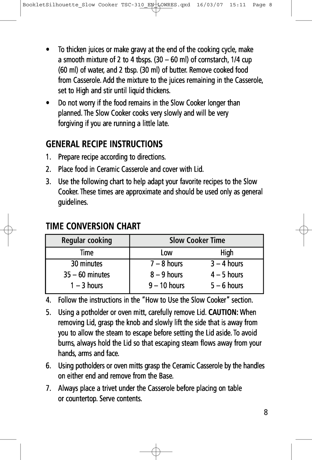 Toastess TSC-310 manual General Recipe Instructions, Time Conversion Chart, Regular cooking, Slow Cooker Time 