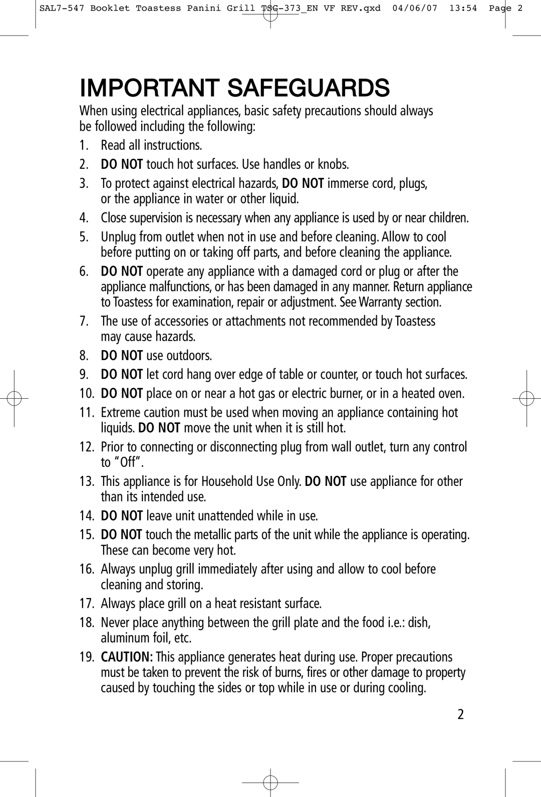 Toastess TSG-373 manual Important Safeguards 