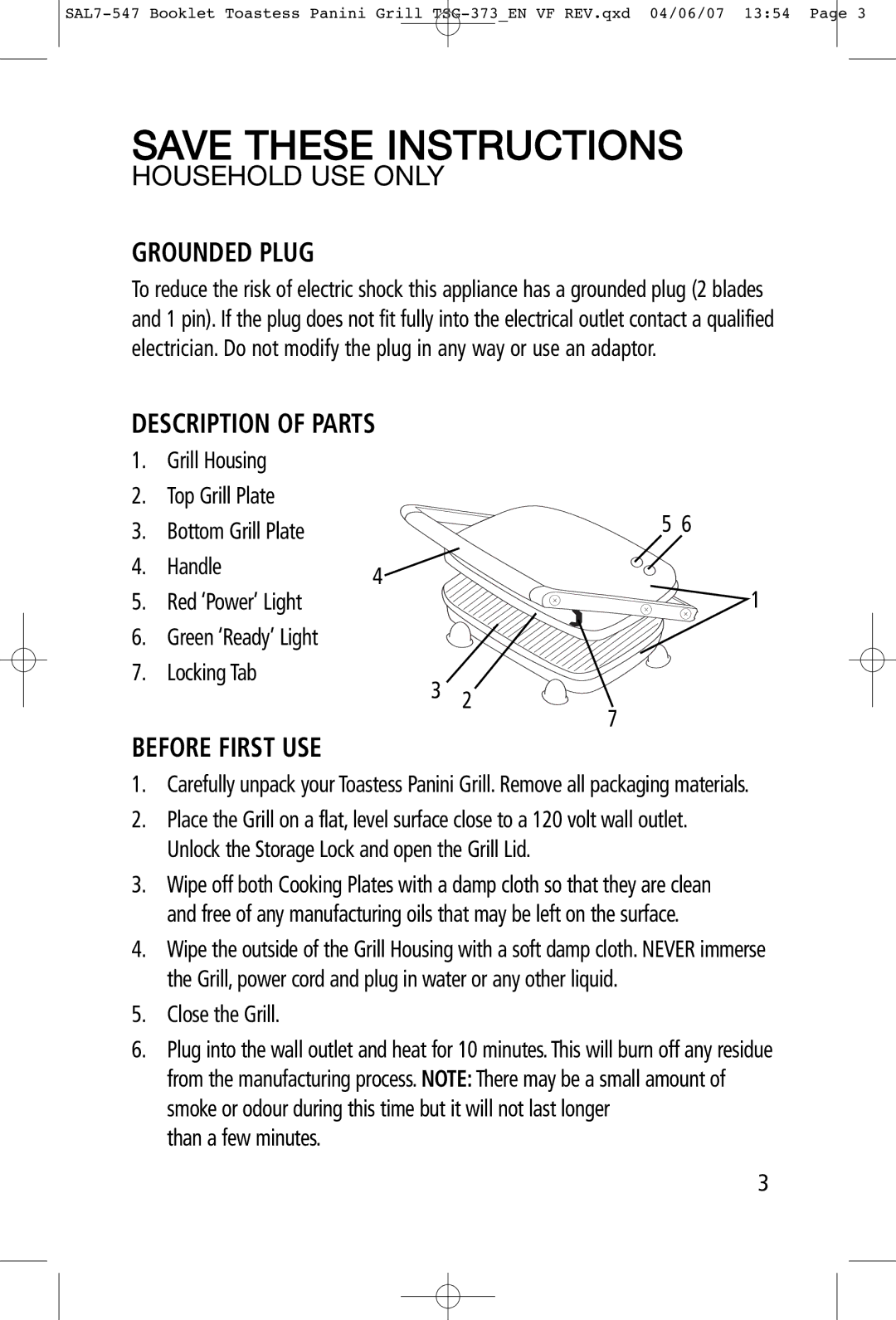 Toastess TSG-373 manual Grounded Plug, Description of Parts, Before First USE 