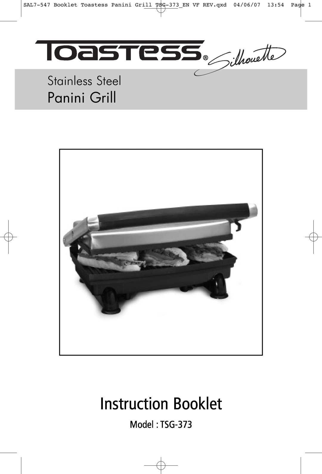 Toastess manual Model TSG-373, Instruction Booklet, Panini Grill, Stainless Steel 