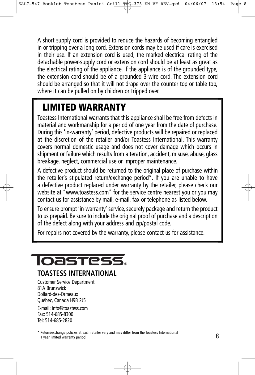 Toastess TSG-373 manual Toastess International, Limited Warranty 