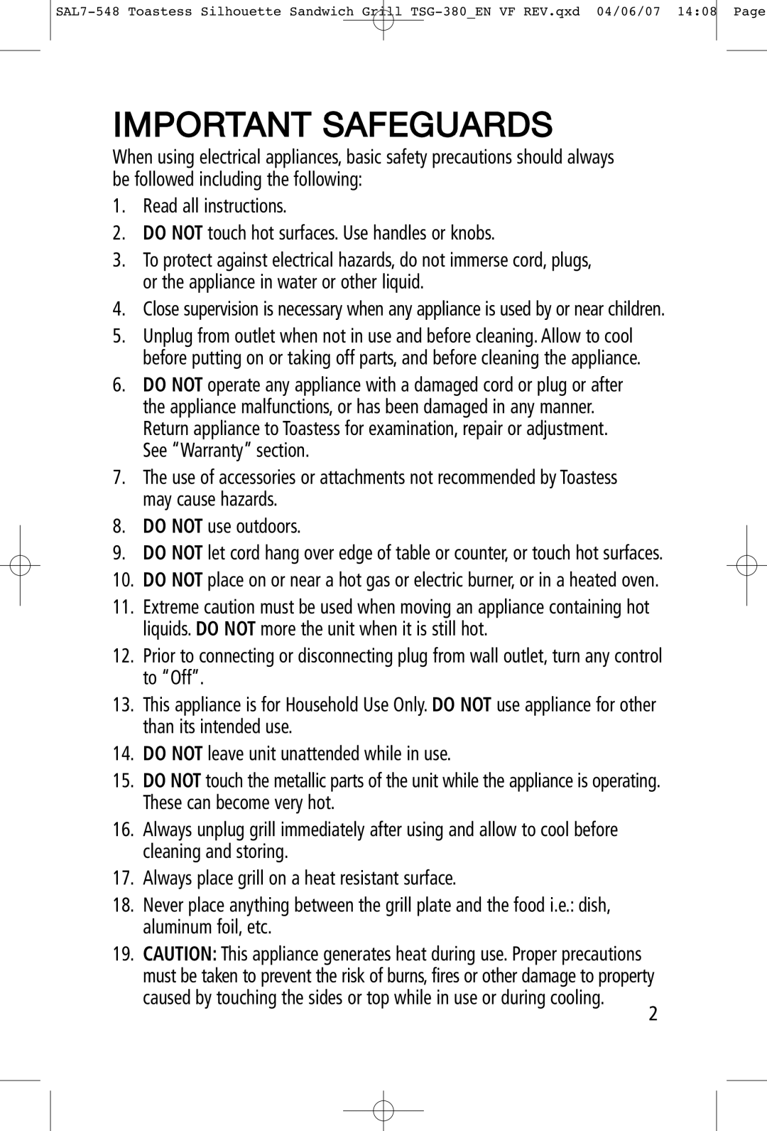 Toastess TSG-380 manual Important Safeguards 