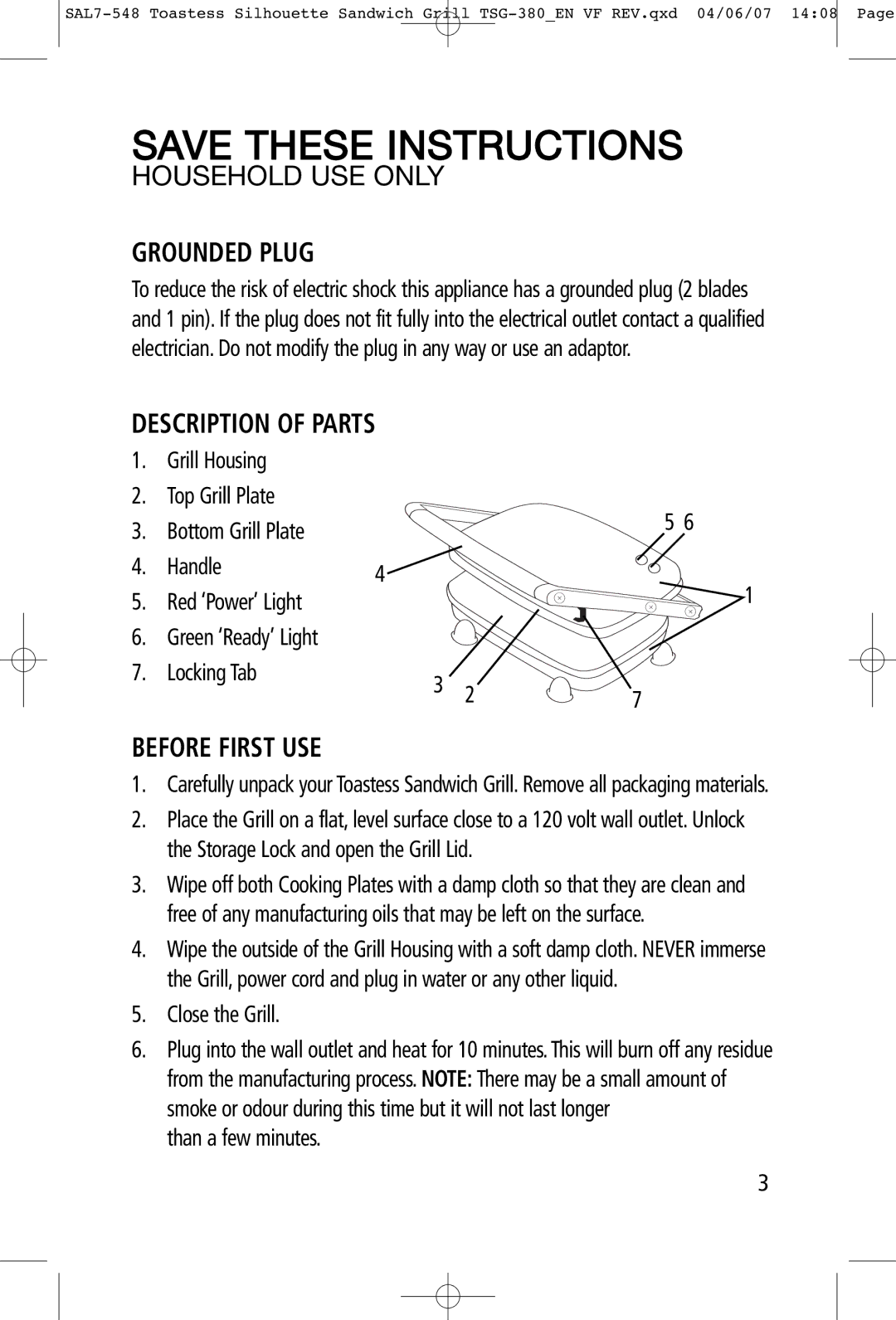 Toastess TSG-380 manual Grounded Plug, Description of Parts, Before First USE 