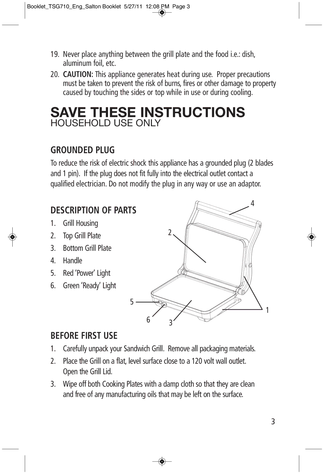 Toastess TSG710 manual Grounded Plug, Description of Parts, Before First USE 