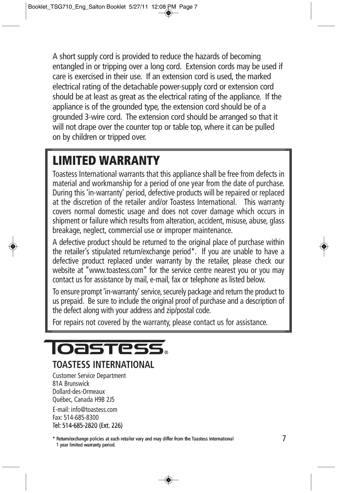 Toastess TSG710 manual Toastess International, Limited Warranty 