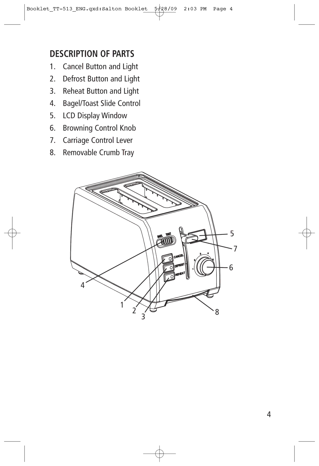 Toastess TT-513 manual Description of Parts 