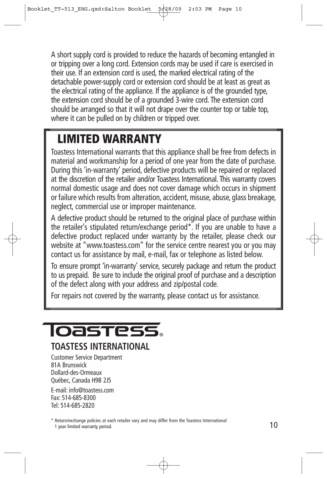 Toastess TT-513 manual Toastess International, Limited Warranty 