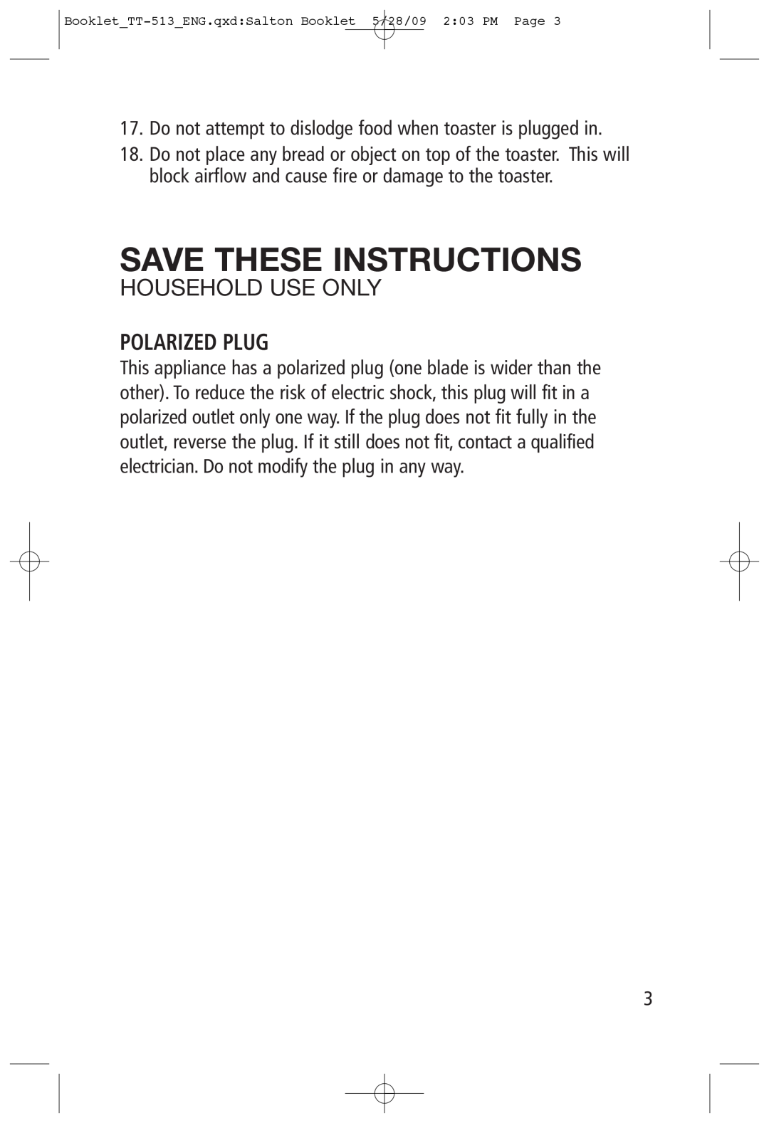 Toastess TT-513 manual Save These Instructions, Household Use Only, Polarized Plug 