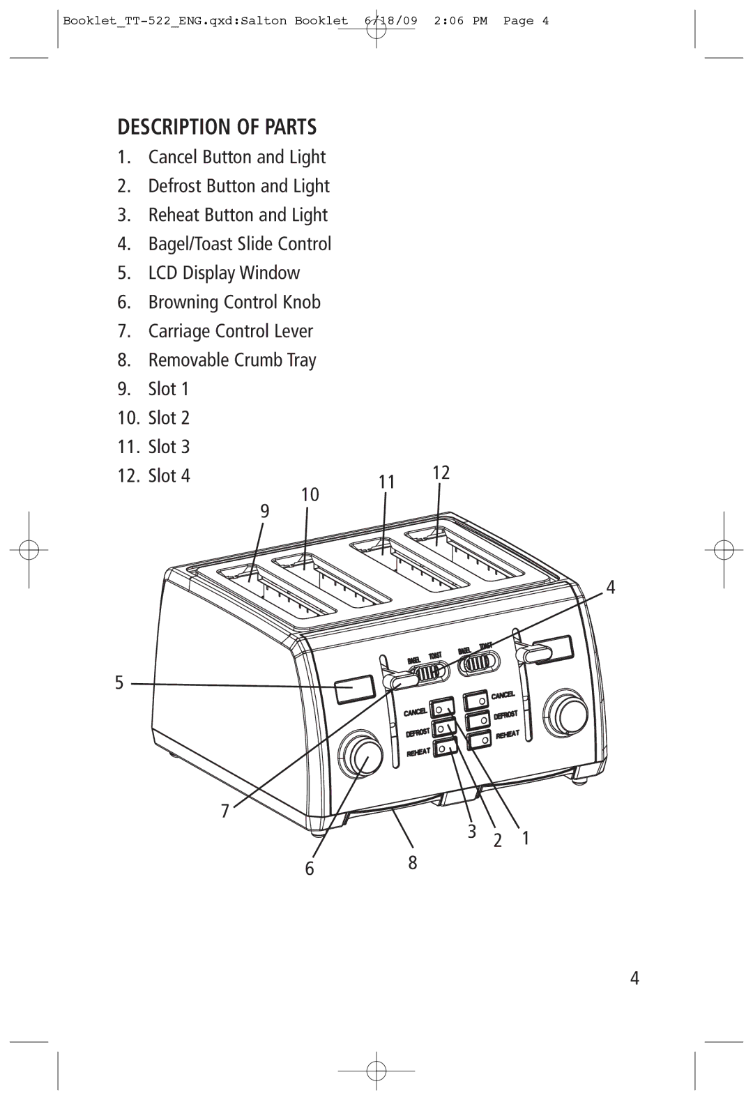 Toastess tt-522 manual Description of Parts 