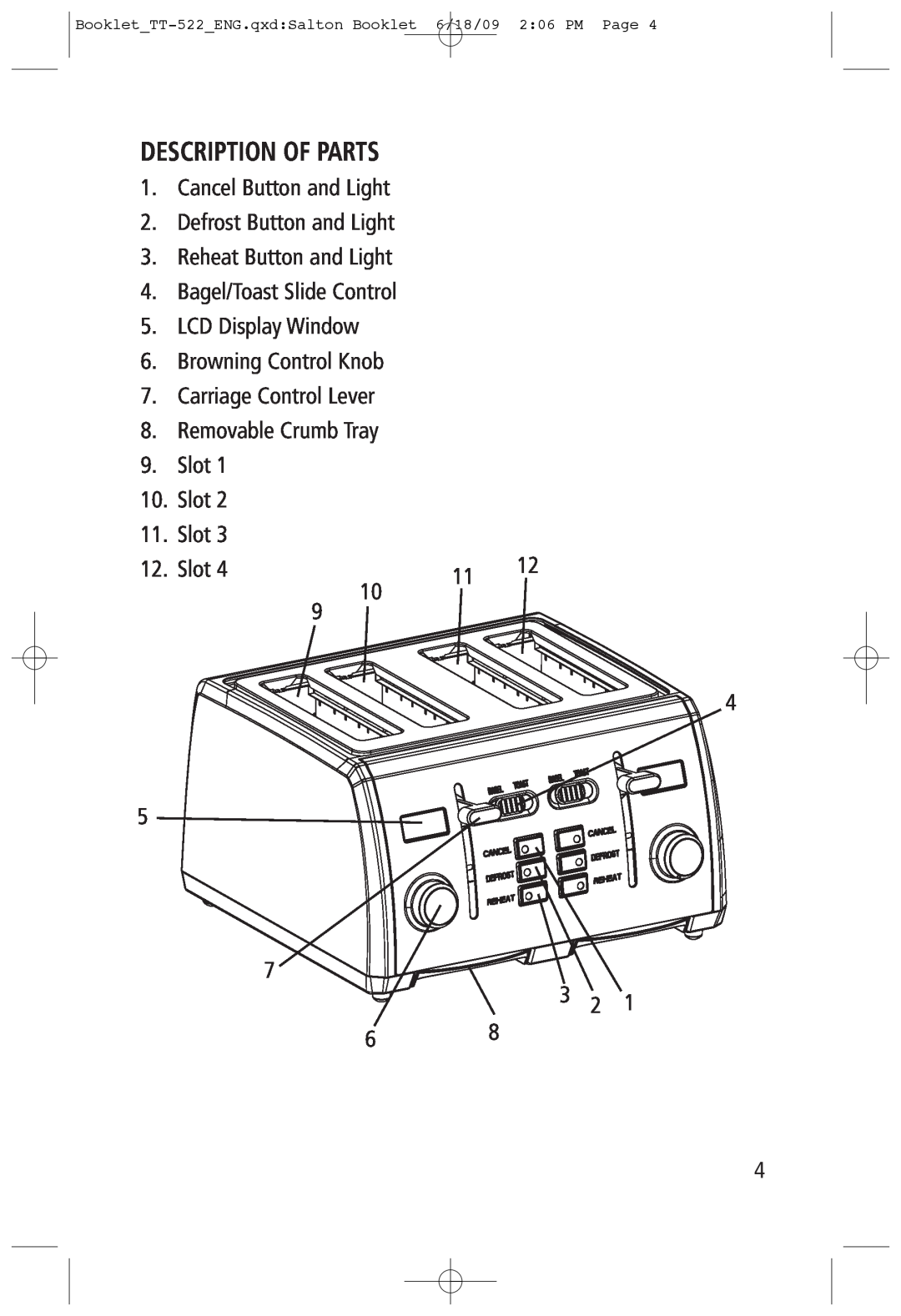 Toastess tt-522 manual Description Of Parts 