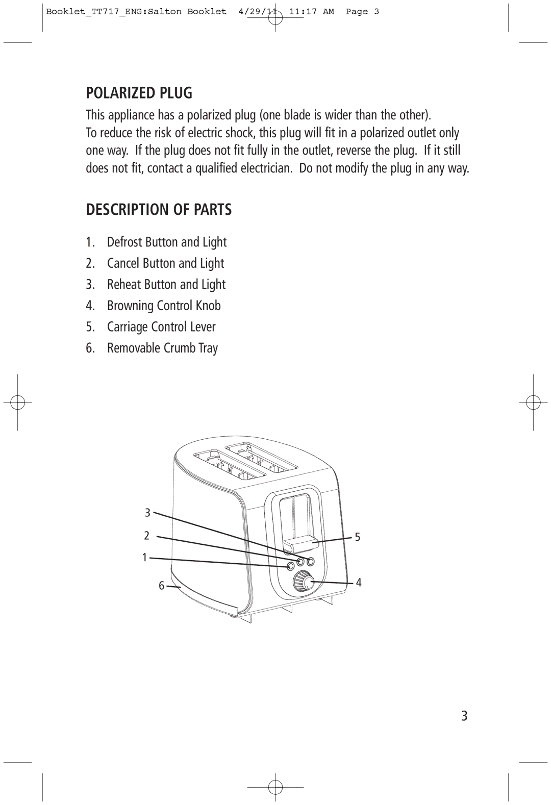 Toastess TT717 manual Polarized Plug, Description of Parts 