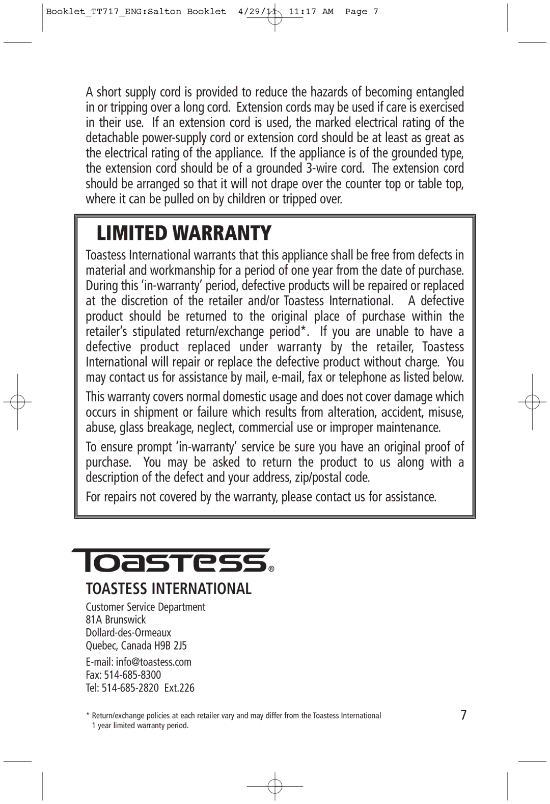 Toastess TT717 manual Limited Warranty, Toastess International 