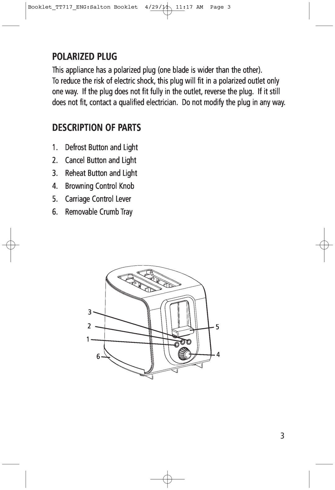 Toastess TT717 manual Polarized Plug, Description Of Parts 