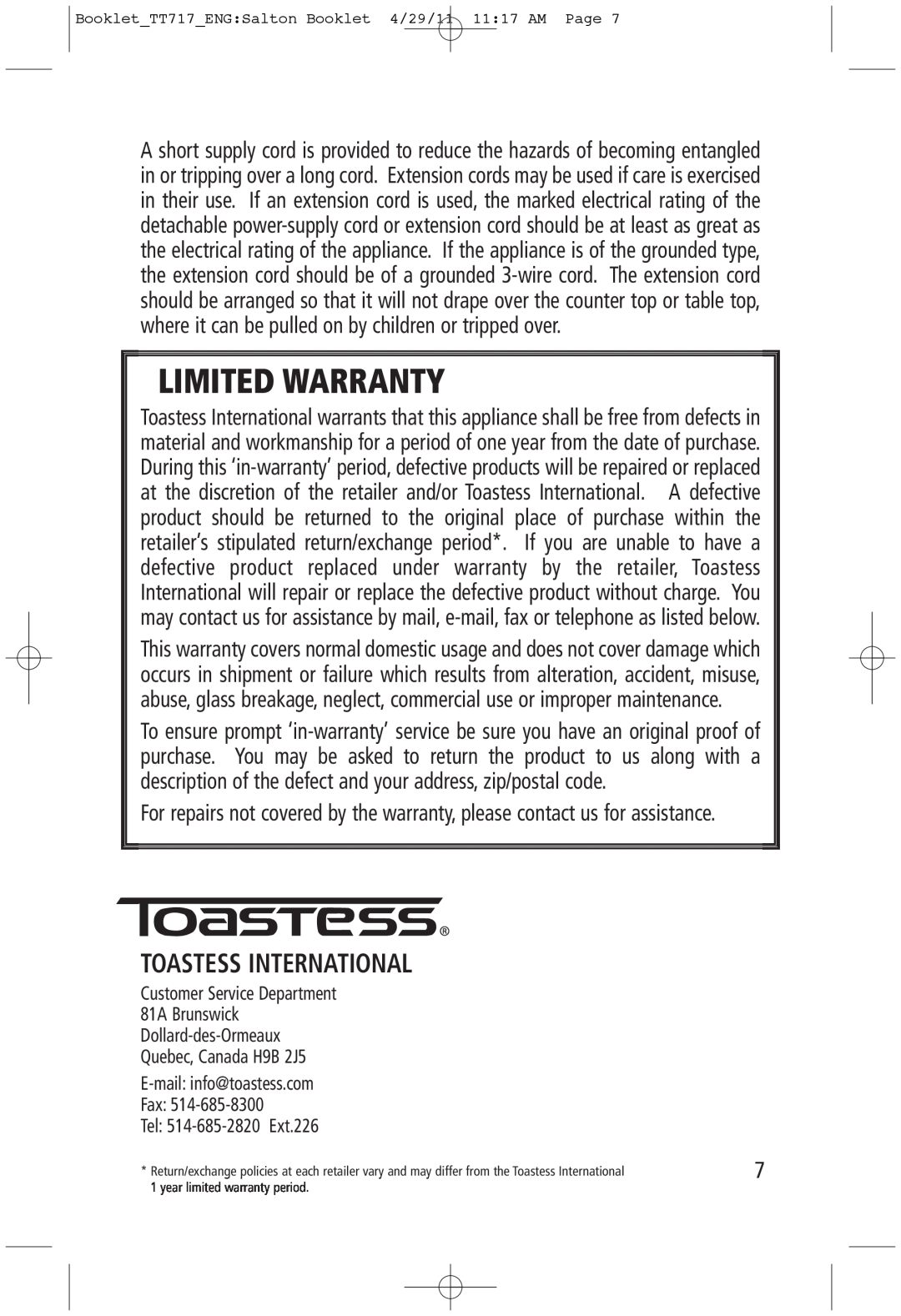 Toastess TT717 manual Toastess International, Limited Warranty 