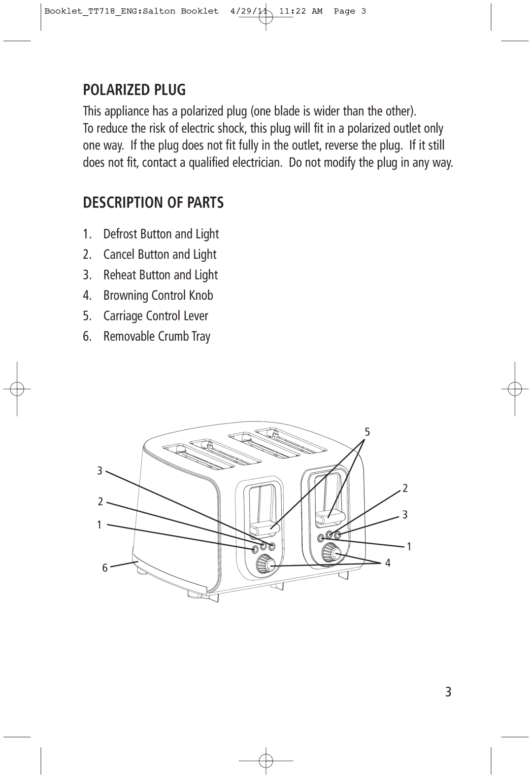 Toastess TT718 manual Polarized Plug, Description of Parts 