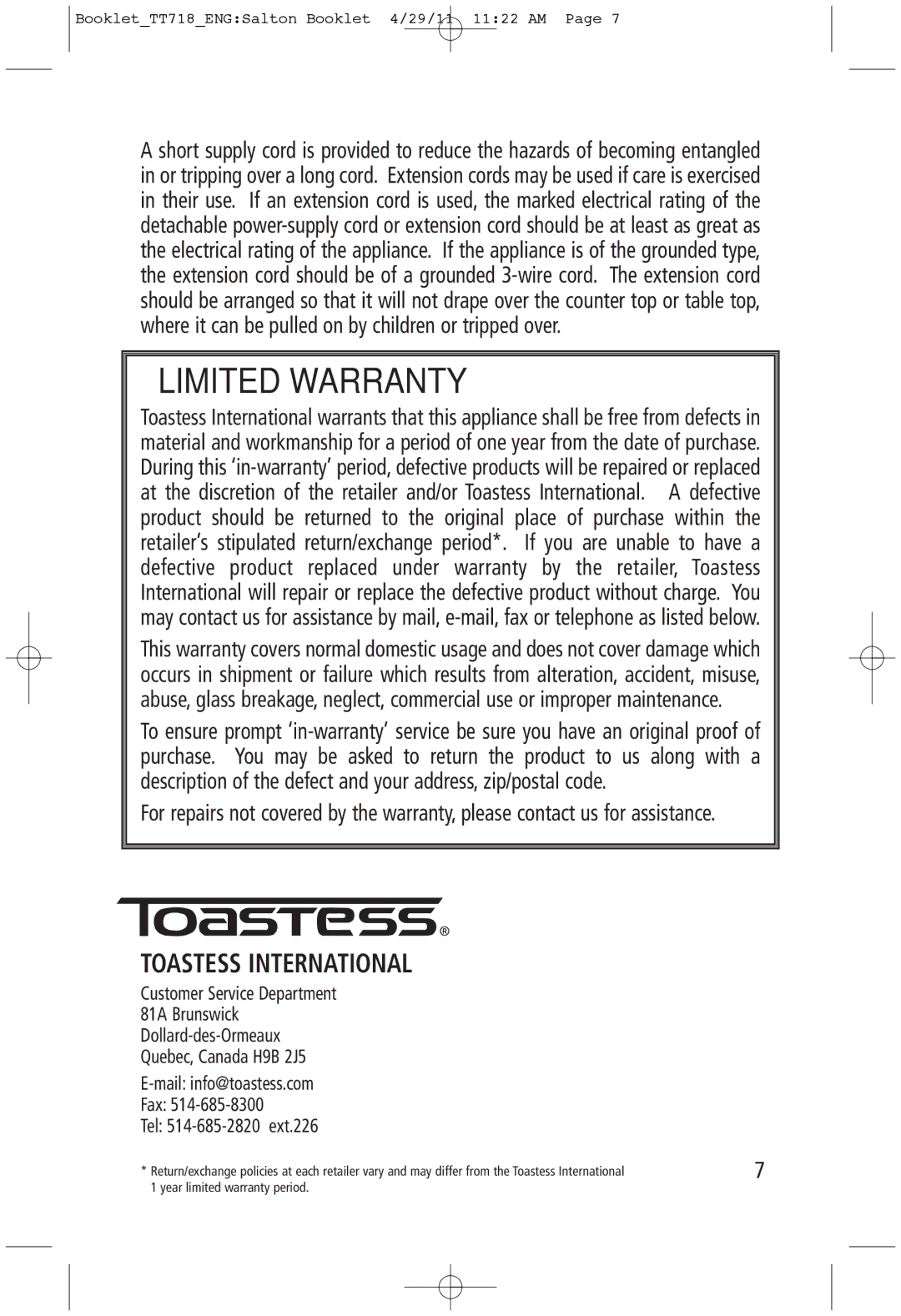 Toastess TT718 manual Limited Warranty, Toastess International 