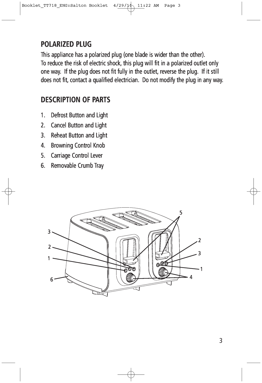 Toastess TT718 manual Polarized Plug, Description Of Parts 