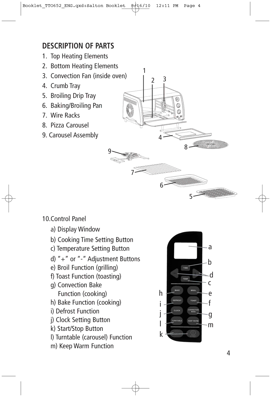 Toastess TTO652 manual Description of Parts 