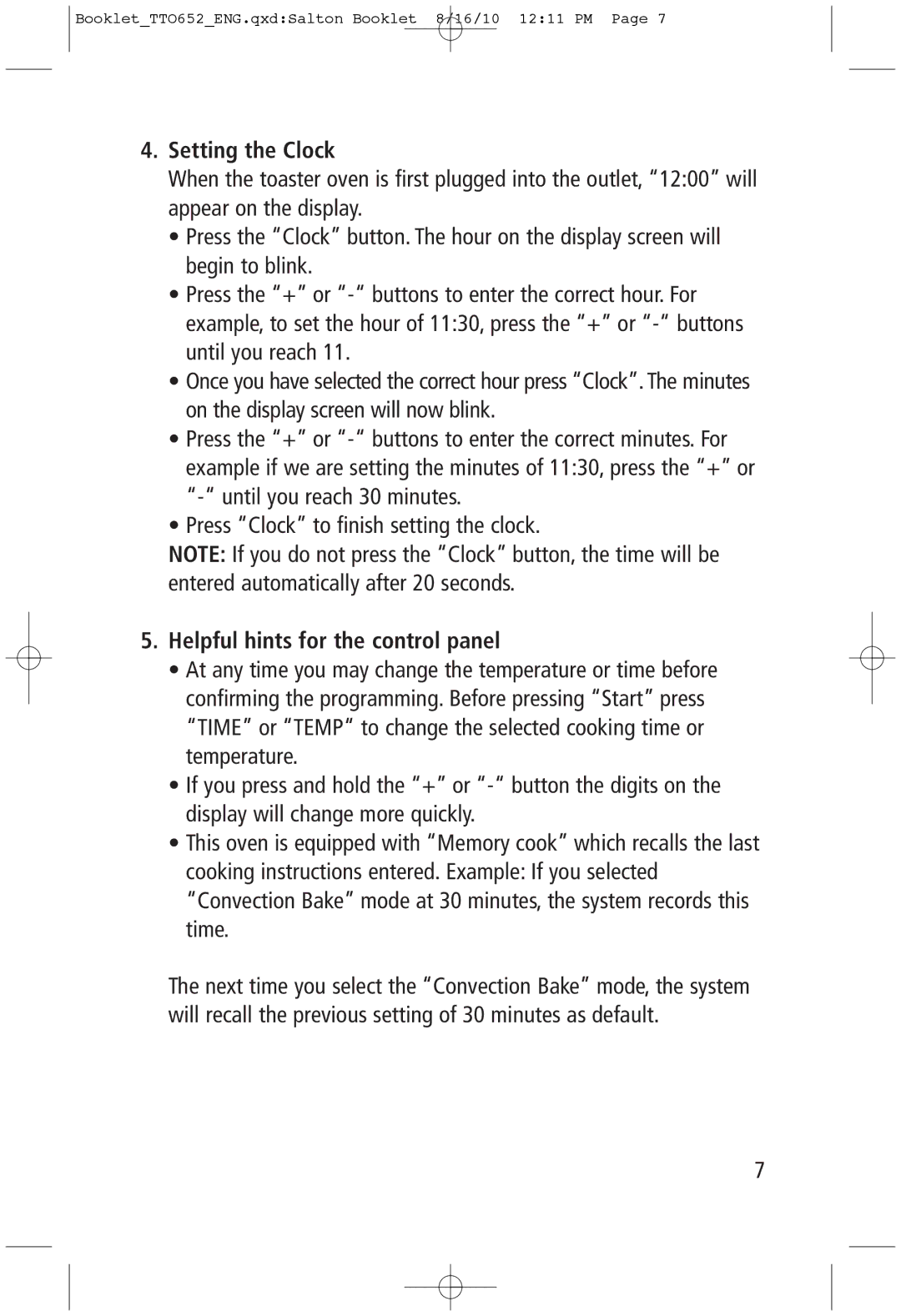 Toastess TTO652 manual Setting the Clock, Helpful hints for the control panel 